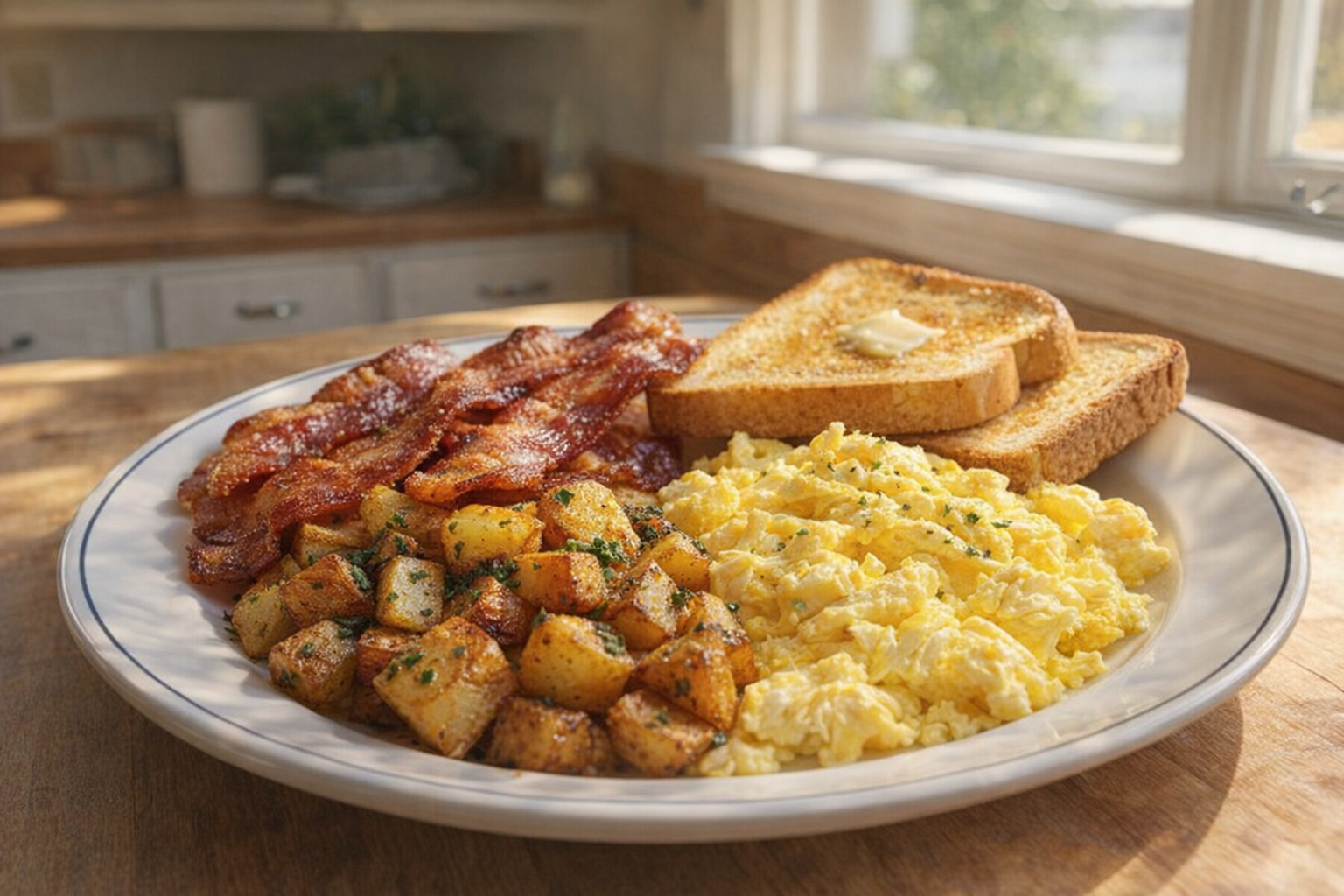 A plated breakfast with skillet potatoes, scrambled eggs, bacon strips, and a side of toast, sunny morning lighting